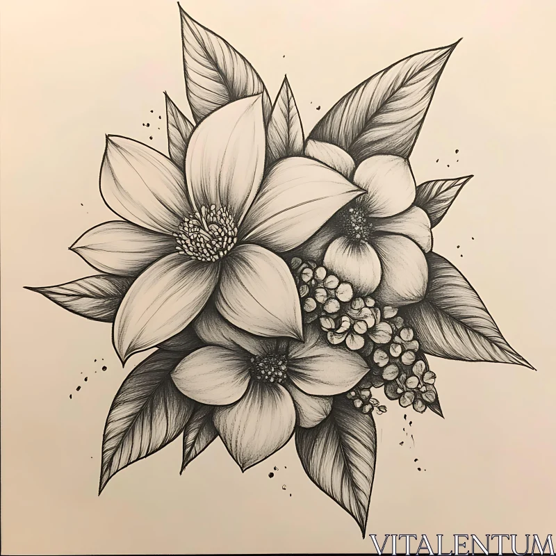 Detailed Botanical Illustration in Black and White AI Image