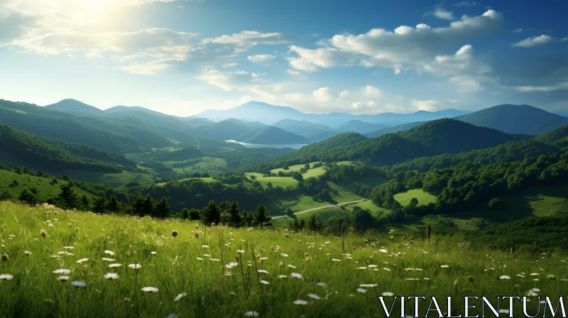 Dreamy Mountain Vistas with Wild Daisies in Southern Countryside AI Image