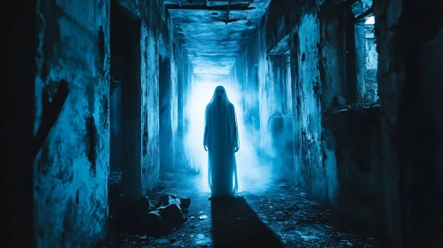 Ghostly Figure in Derelict Corridor
