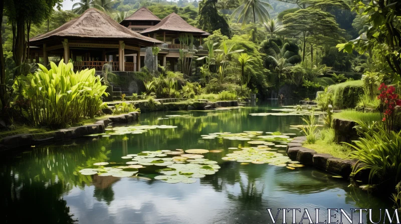 Enchanting Villa and Lush Lily Pond in a Mystical Jungle AI Image
