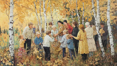 People in Autumn Birch Grove