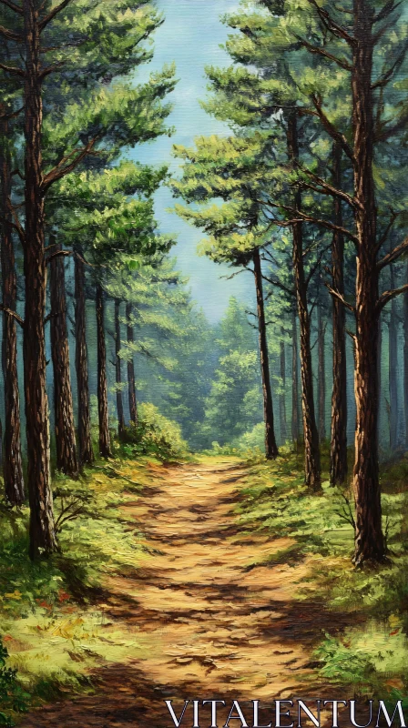 AI ART Peaceful Woodland Trail with Sun-dappled Ground