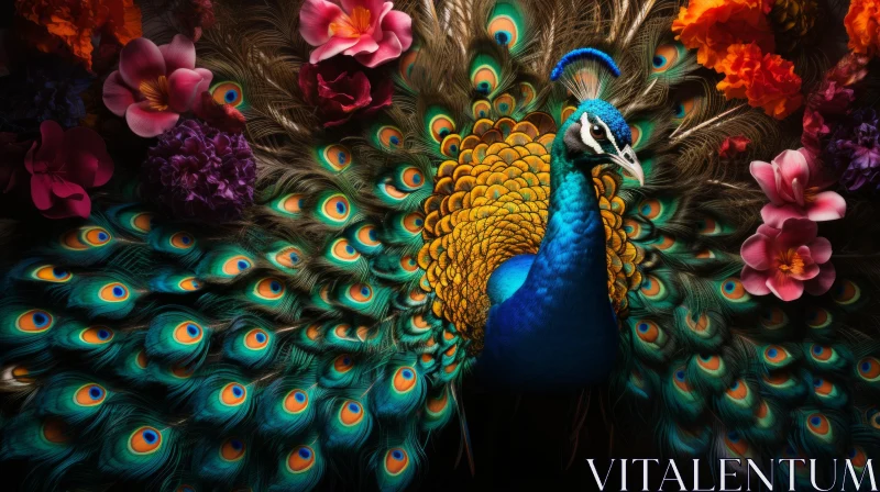 Majestic Peacock with Floral Adornment on a Black Backdrop AI Image