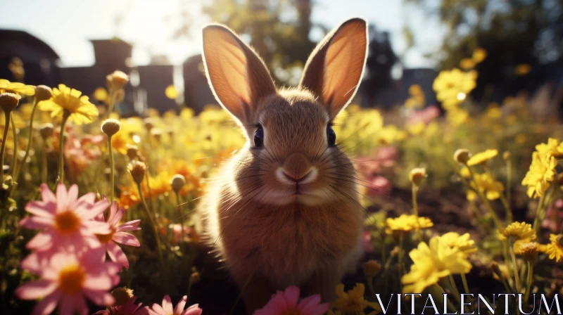 Rabbit Amidst Flowers under Sunrays - A Study in Vulnerability AI Image