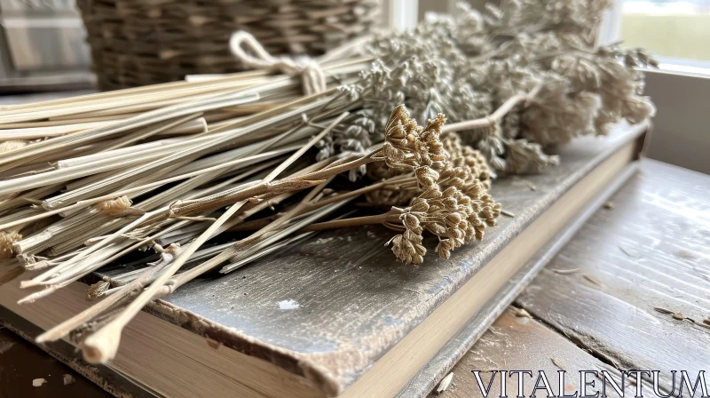 Rustic Charm: Dried Straw and Delicate Flowers on Wooden Table AI Image