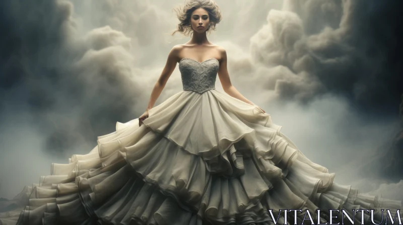 Timeless Elegance: Woman in Wedding Dress Amidst Clouds AI Image