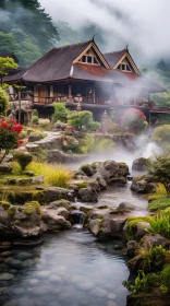 Tranquil Japanese-Style House and Pond in Mist | Balinese Motifs | Dreamscapes | Stone Carvings