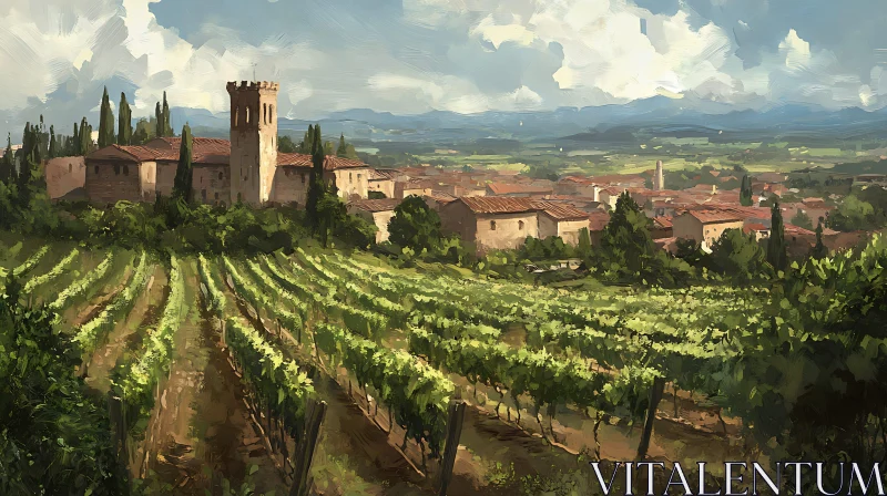 AI ART Scenic Vineyard and Village Art Print