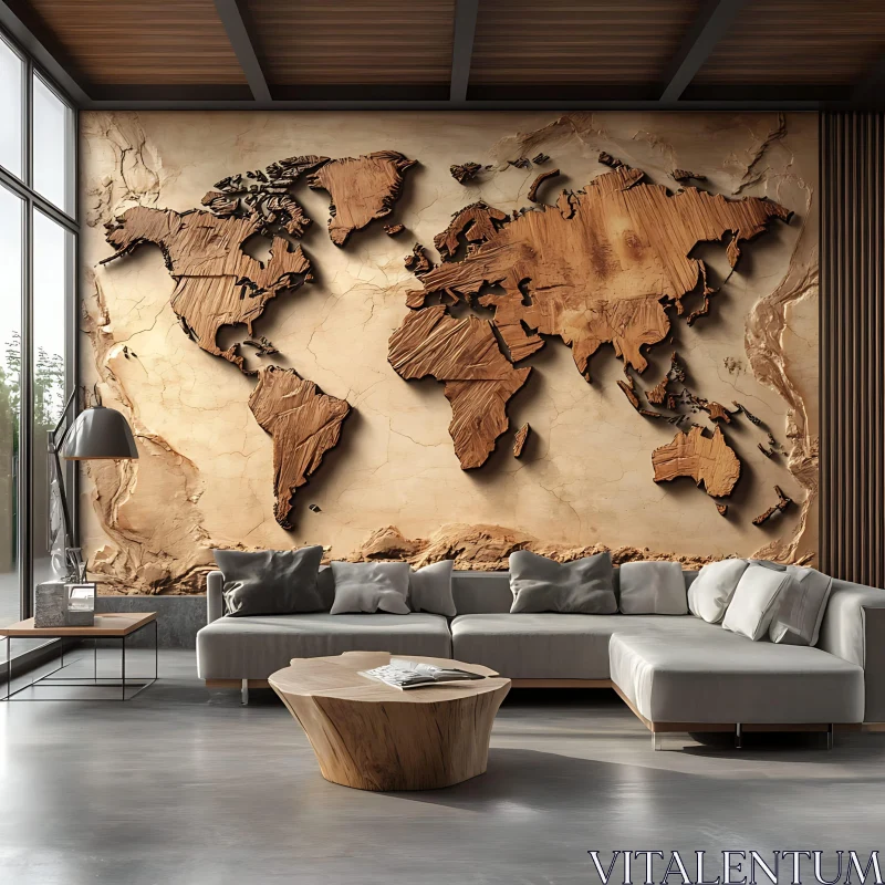 AI ART Contemporary Interior with Wooden World Map