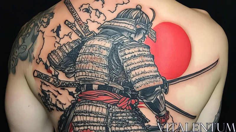 Samurai Back Tattoo with Red Sun AI Image