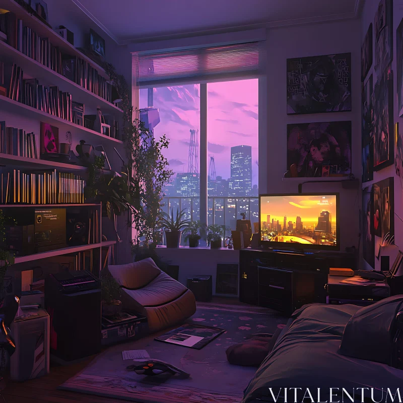 AI ART Cozy Room Interior with Cityscape Sunset