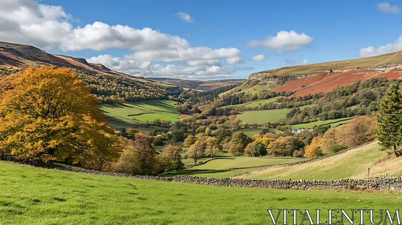 AI ART Autumnal Valley Landscape with Stone Wall