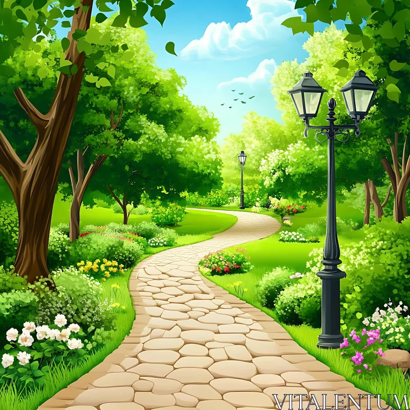 Scenic Park View with Flowers AI Image