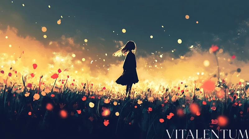 AI ART Silhouette in Golden Field of Flowers