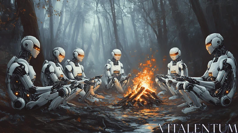 Robots around campfire in the forest AI Image