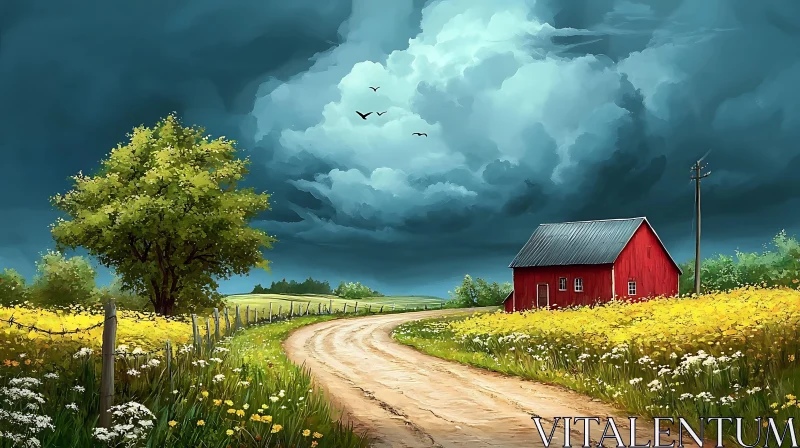 AI ART Rural Landscape with Flowers and Barn