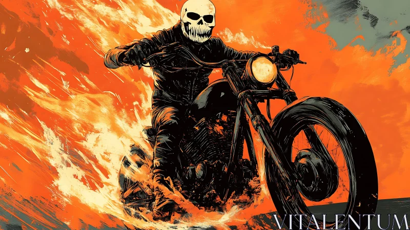 Motorcycle Rider with Skull Mask in Flames AI Image