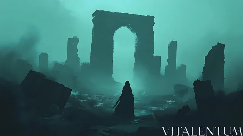 AI ART Misty Ruins and Solitary Figure