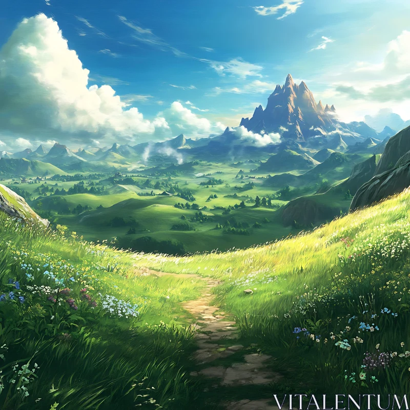 Lush Meadow Landscape with Mountain Backdrop AI Image