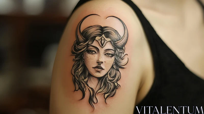 Intricate Grayscale Tattoo of Woman with Horns AI Image