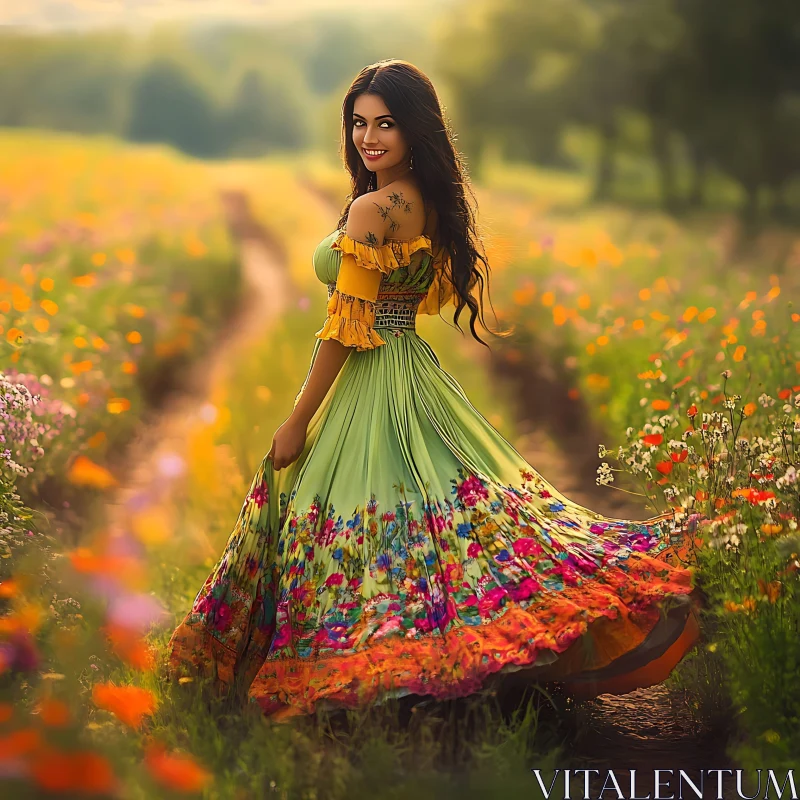 AI ART Lady in Green Dress in Flower Field