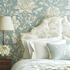 Floral Bedroom with Lamp and White Bedding