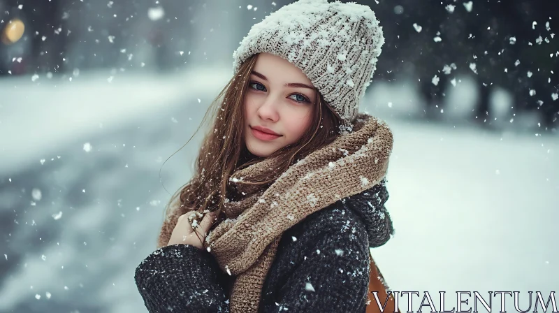 Snowy Day Serenity: A Girl's Winter Portrait AI Image