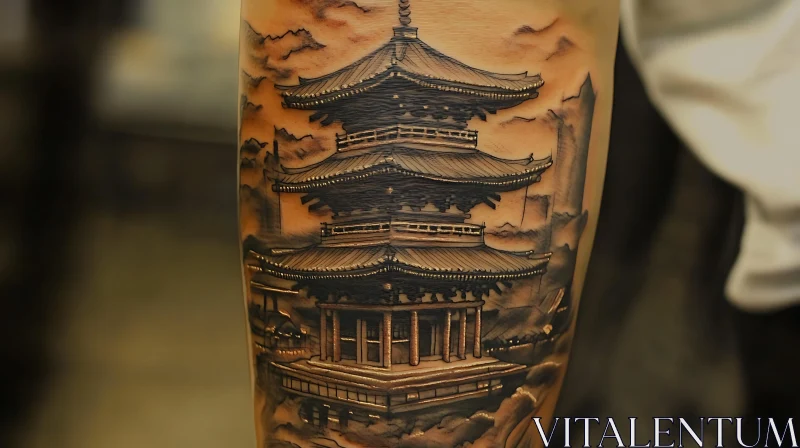 Traditional Pagoda Tattoo Art AI Image