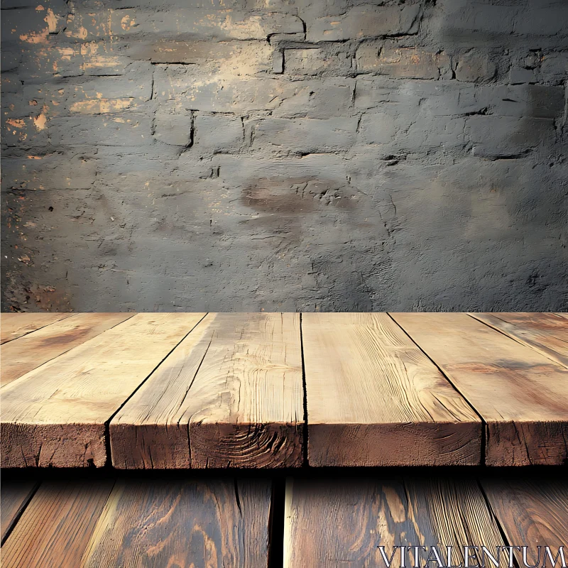 Wooden Table with Brick Wall Backdrop AI Image