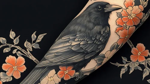 Detailed Crow and Flowers Tattoo Design