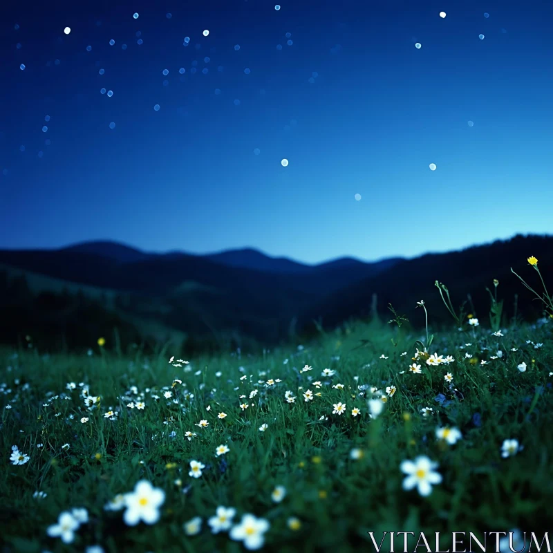 Night Meadow with Flowers and Stars AI Image