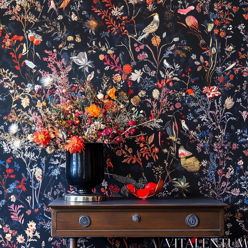 Vintage Flowers and Birds Still Life AI Image