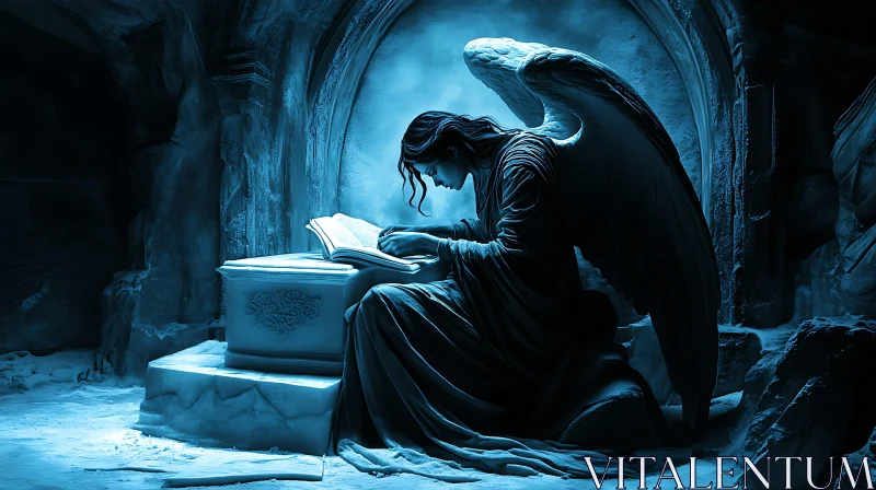 AI ART Winged Angel Reading Ancient Book