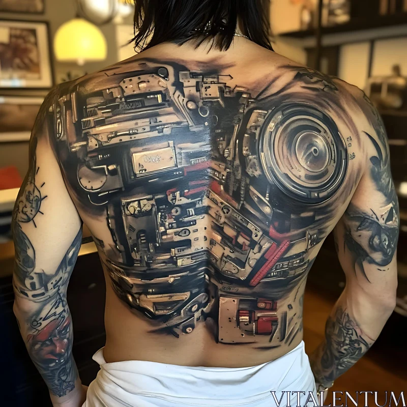 Detailed Cyborg-Themed Tattoo on Back AI Image