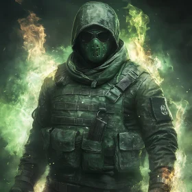 Hooded Tactical Figure Surrounded by Fire