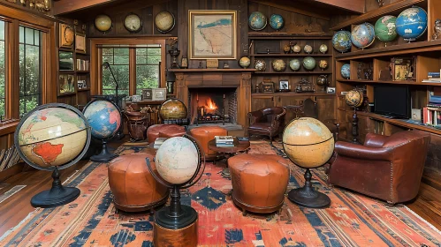 Vintage Globes Room with Fireplace