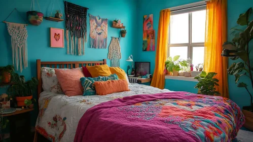 Colorful Bohemian Bedroom with Plants