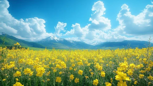 Scenic Landscape of Flower Field and Mountains