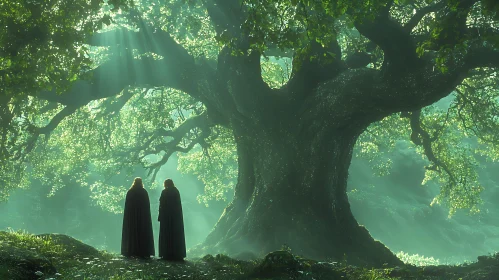 Cloaked Figures Under a Majestic Tree