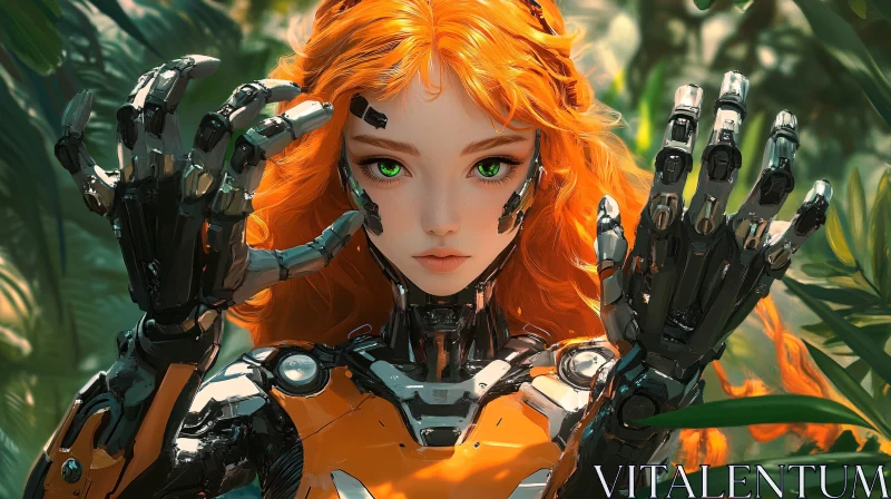 AI ART Orange-Haired Cyborg with Green Eyes in Nature