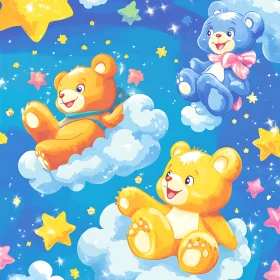 Cartoon Teddy Bears Floating on Clouds