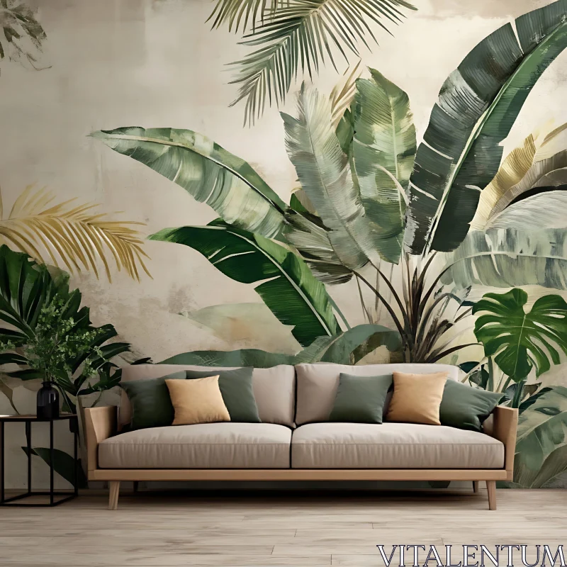 AI ART Serene Living Room with Tropical Wallpaper