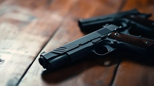 Sleek Handgun Resting on Polished Wood