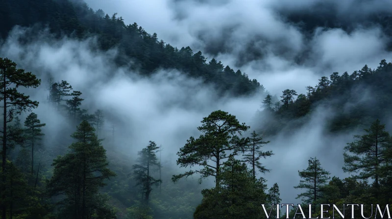 AI ART Foggy Mountain Landscape with Dense Forest