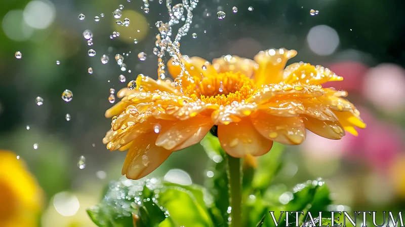 AI ART Macro Shot of Orange Flower with Sparkling Water Droplets