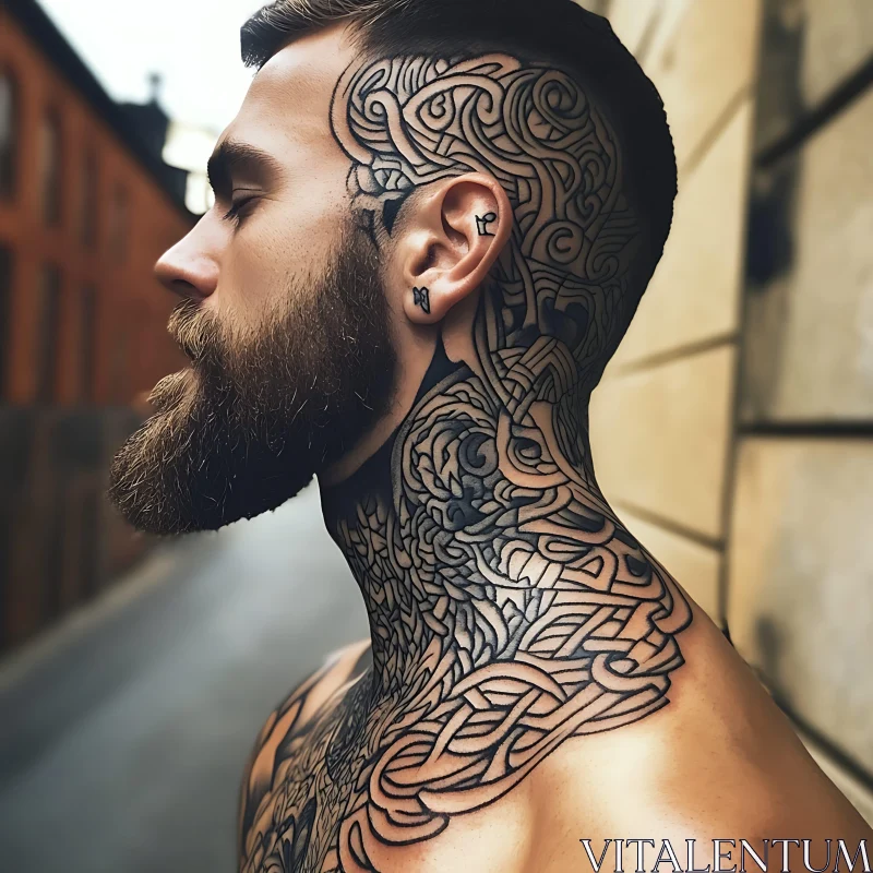 Complex Artistic Tattoo Covering Head and Neck AI Image