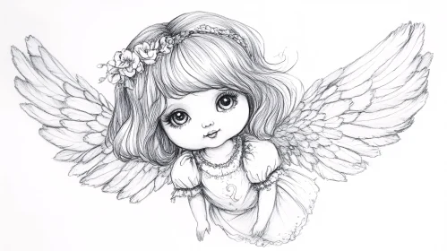 Whimsical Angel Drawing with Flower Crown