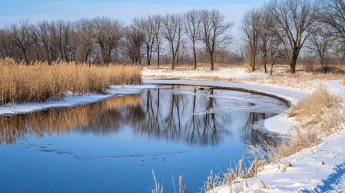 Peaceful Winter River Scenery with Snow and Reeds