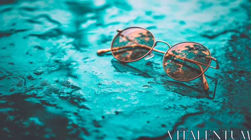 Close-up of Brown Sunglasses on Wet Blue Surface AI Image