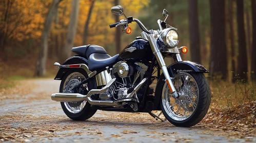 Motorcycle on Forest Road in Autumn